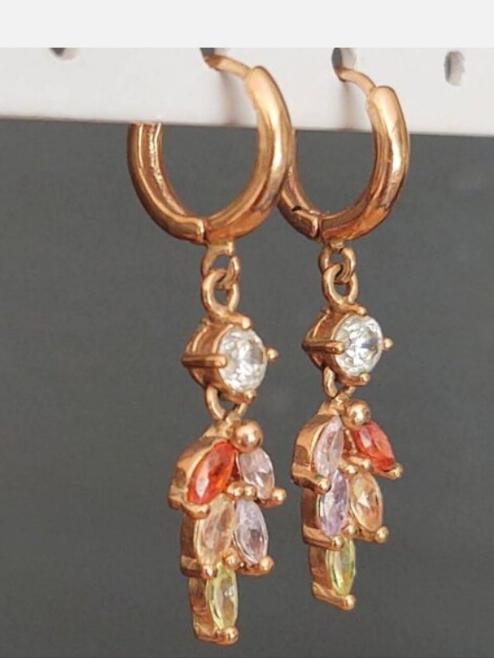 Rose Gold/Cooper Multi-Stone CZ Drop Dainty Dangle Hoop Earrings